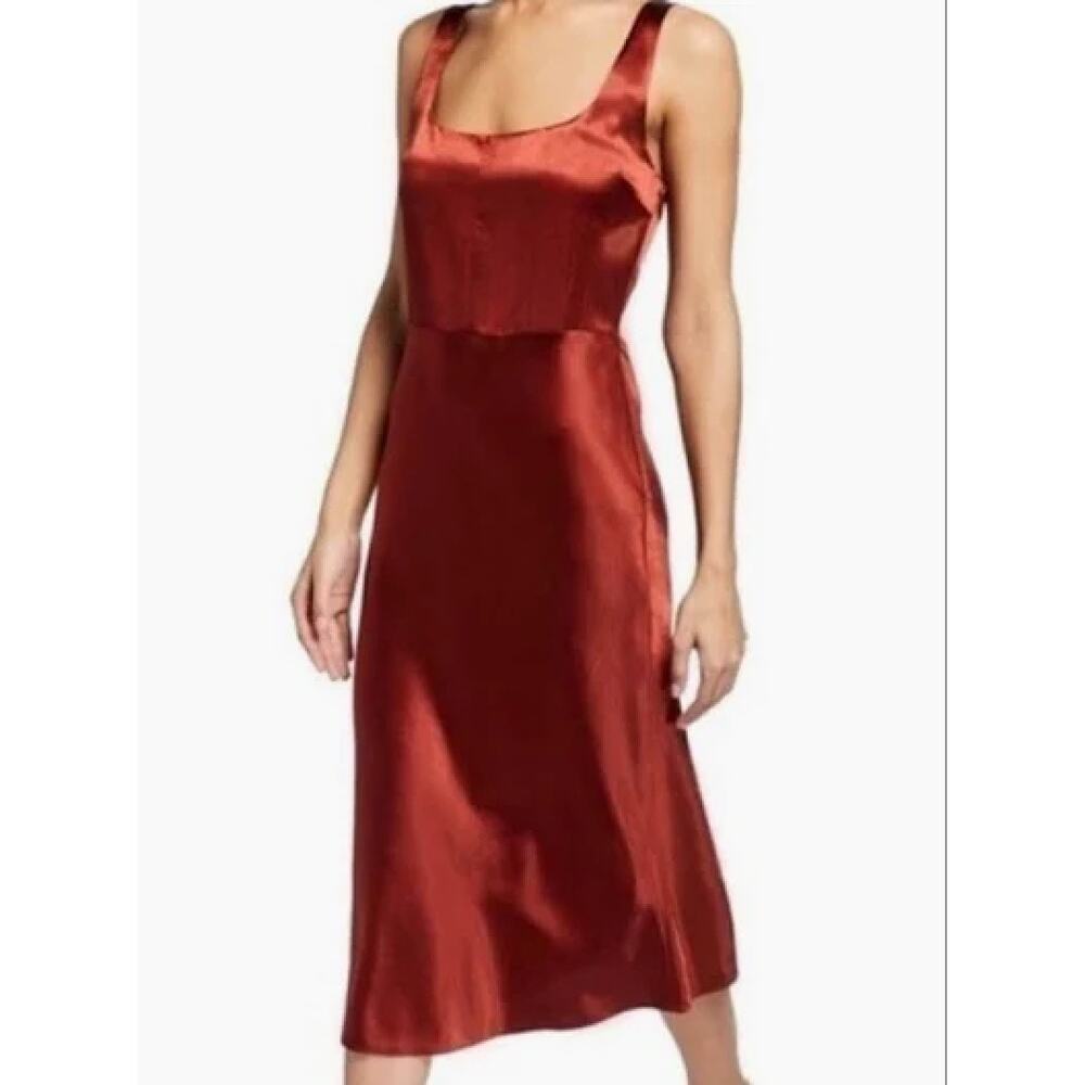 VINCE Fitted Satin Slip Midi Dress in Sangre size 8